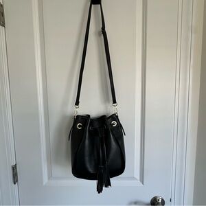 Carla Ferreri Italy Black Pebbled Leather Drawstring Bucket Bag
